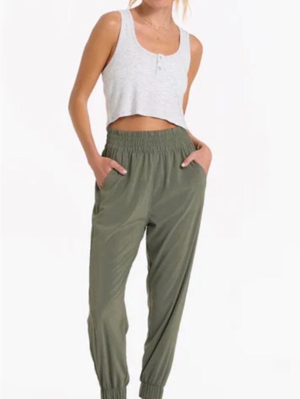 EUC Vuori villa Olive Green Jogger Pants - Smocked Waist & Cuffed Ankles Sz S